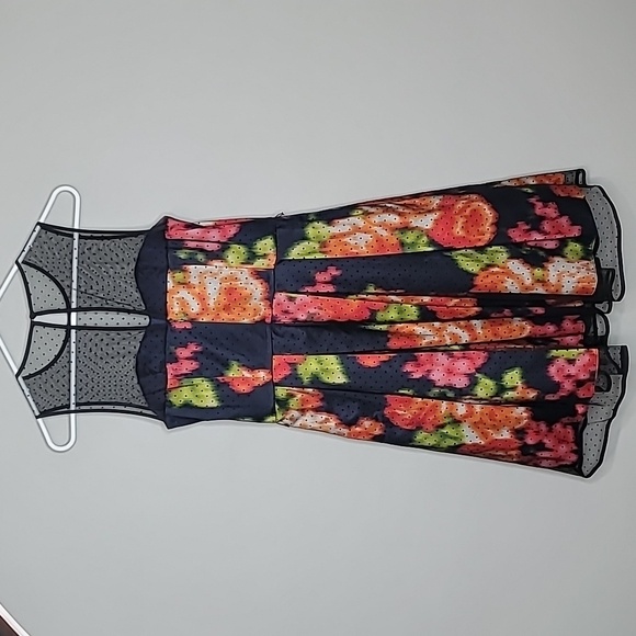 Eliza J size 4 women's sheer floral fit & flare Swiss polka dot dress pockets - Picture 2 of 13